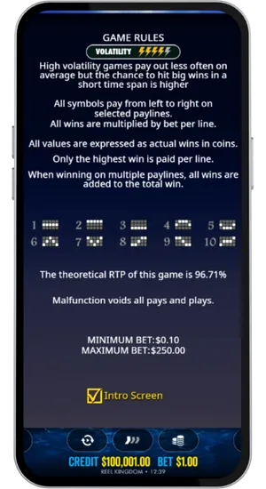 Paytable displaying symbol values and game rules