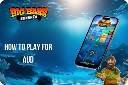 Big Bass Bonanza AUD banknotes next to smartphone showing casino deposit screen with Australian flag