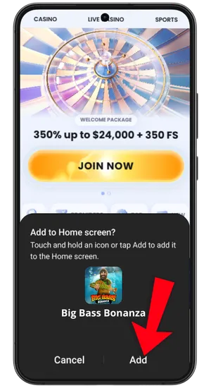 Selecting Add to Home Screen for the Big Bass Bonanza shortcut on Android