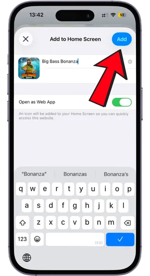 Selecting Add to Home Screen for the Big Bass Bonanza shortcut