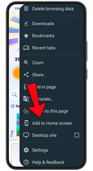 Tapping the Chrome menu icon to install Big Bass Bonanza