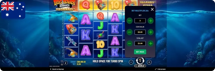 Big Bass Bonanza Megaways bet menu showing no bonus buy button, with bet and coin value settings