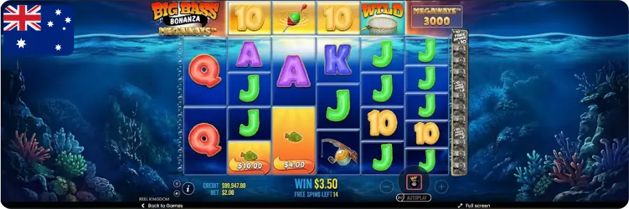 Big Bass Bonanza Megaways free games with Money Fish values, Wild and Fisherman during a win