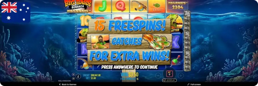 Big Bass Bonanza Megaways free games banner awarding 15 free spins after the trigger