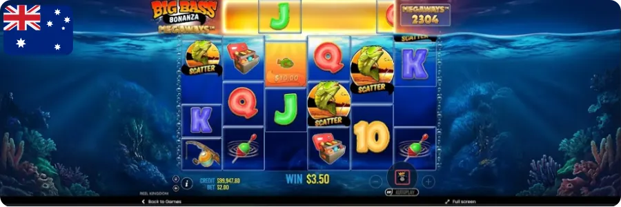 Three scatter symbols landing on the reels to trigger Big Bass Bonanza Megaways free games