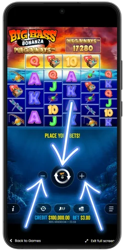 Big Bass Bonanza Megaways gameplay with bet adjustment buttons