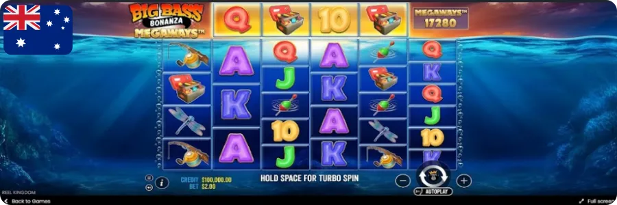Big Bass Bonanza Megaways underwater theme and reels with fishing symbols on a blue lake backdrop