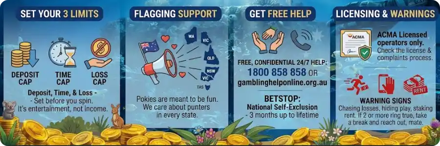 Responsible gambling guide for Australia: deposit, time and loss limits, Gambling Help Online 1800 858 858, BetStop and ACMA warnings
